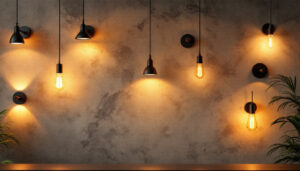 A photograph of a beautifully designed wall featuring various lighting fixtures