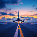 A photograph of a well-lit airport runway at dusk
