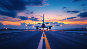 A photograph of a well-lit airport runway at dusk