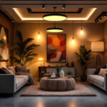 A photograph of capture a photograph of a modern interior space illuminated by various types of led fixtures