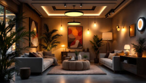 A photograph of capture a photograph of a modern interior space illuminated by various types of led fixtures