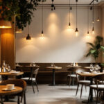 A photograph of a beautifully designed restaurant interior showcasing various types of lighting fixtures