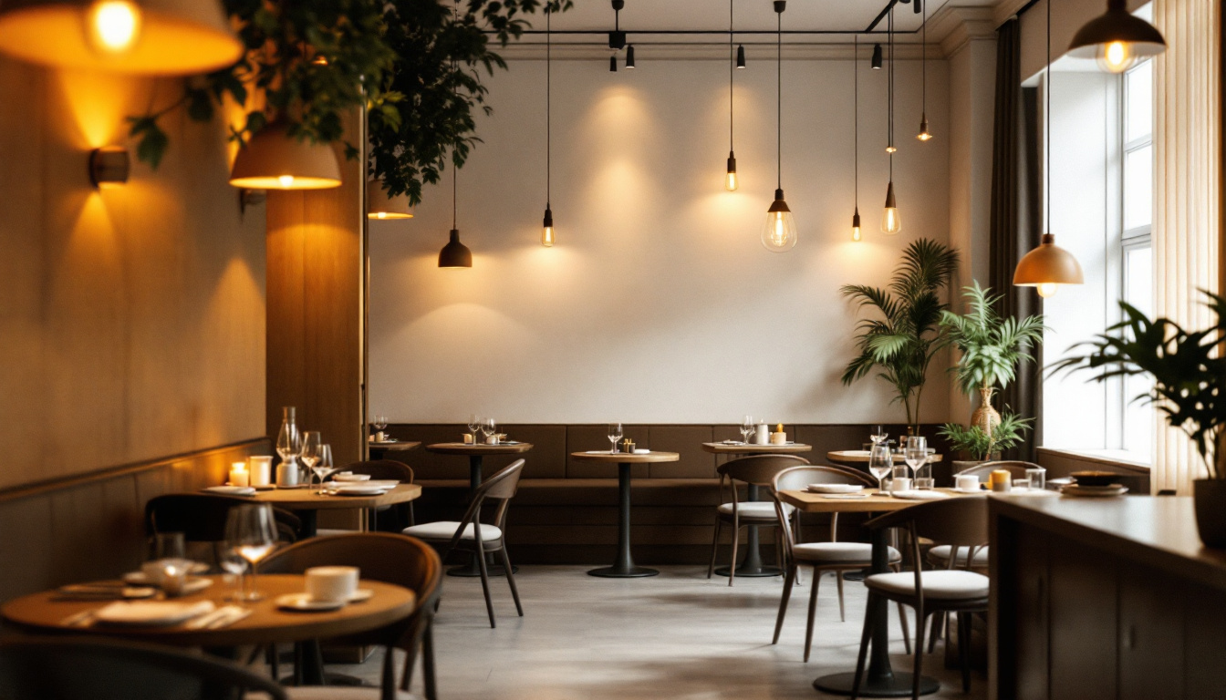 A photograph of a beautifully designed restaurant interior showcasing various types of lighting fixtures