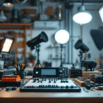 A photograph of a well-organized workspace featuring various types of lighting fixtures and ballasts