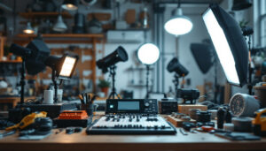 A photograph of a well-organized workspace featuring various types of lighting fixtures and ballasts