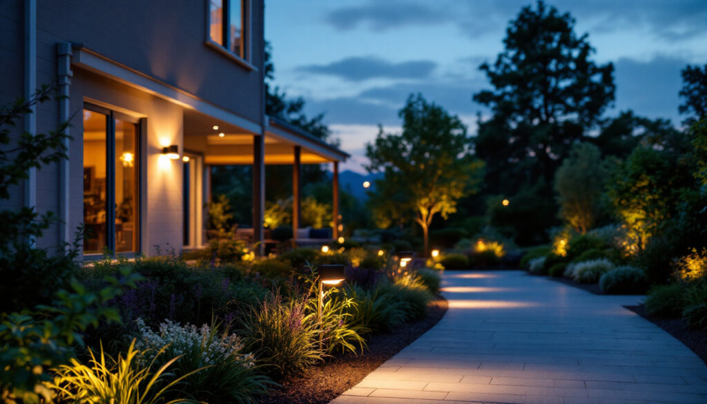 A photograph of a beautifully illuminated outdoor space at dusk
