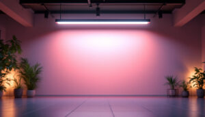 A photograph of a well-lit interior space showcasing a fluorescent light diffuser in action