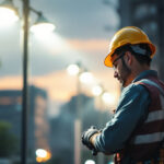 A photograph of a lighting contractor working on an installation