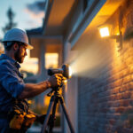 A photograph of a lighting contractor expertly installing or adjusting flood lights around a residential property during dusk