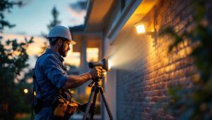 A photograph of a lighting contractor expertly installing or adjusting flood lights around a residential property during dusk