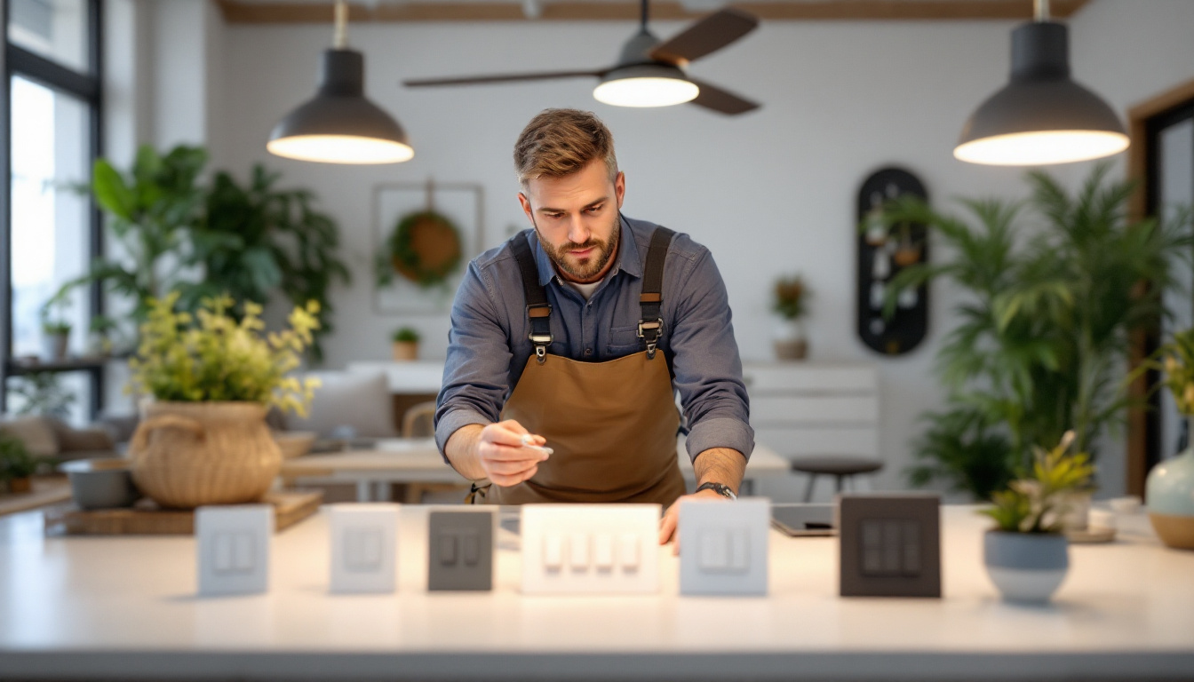 A photograph of a skilled lighting contractor examining various ceiling fan switches in a well-lit