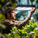 A photograph of a skilled lighting contractor adjusting a modern led grow light setup in a vibrant indoor garden