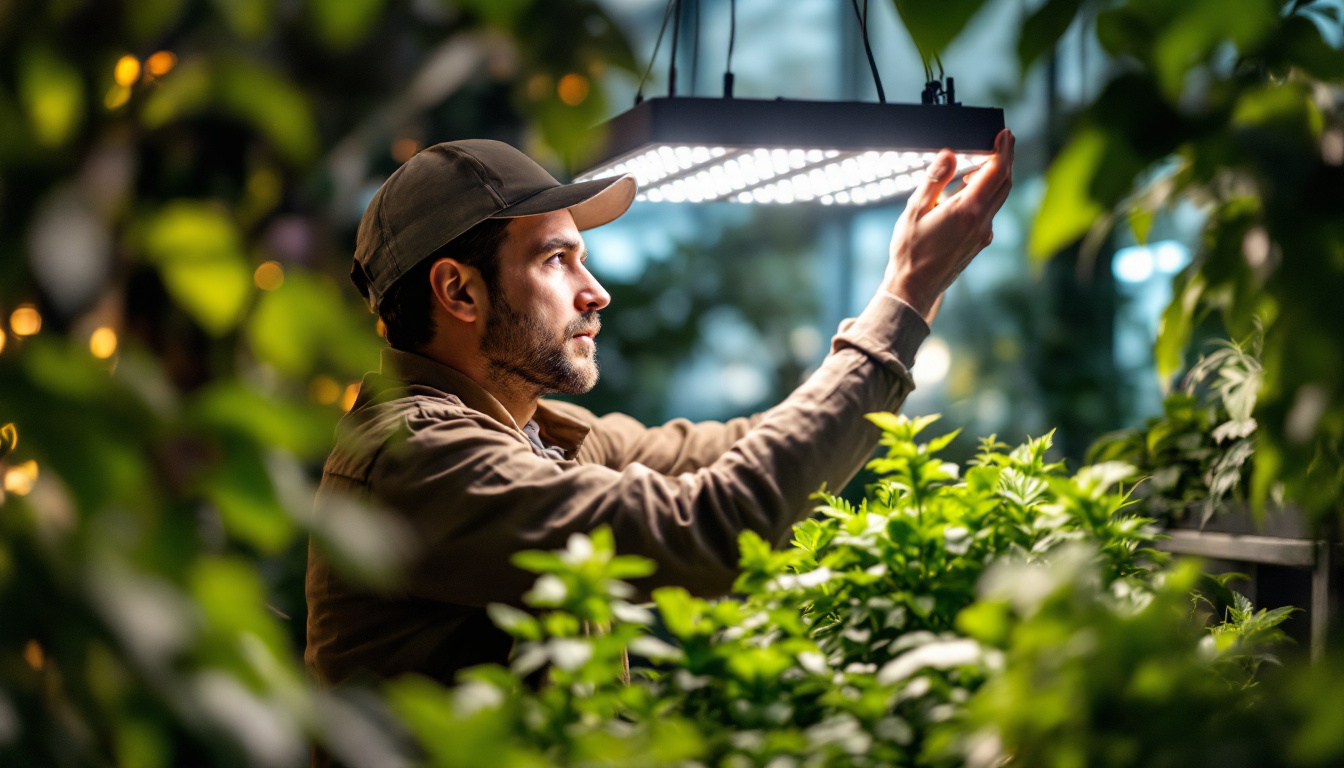 A photograph of a skilled lighting contractor adjusting a modern led grow light setup in a vibrant indoor garden