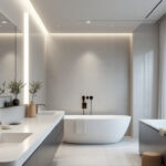 A photograph of a beautifully designed bathroom featuring sleek recessed lighting