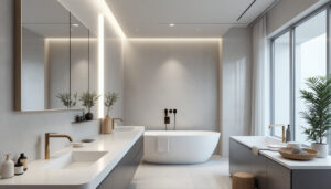 A photograph of a beautifully designed bathroom featuring sleek recessed lighting