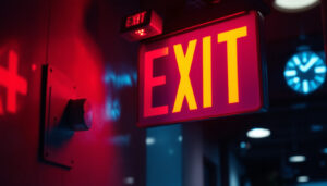 A photograph of a well-lit exit sign equipped with emergency lights in a commercial or public building setting