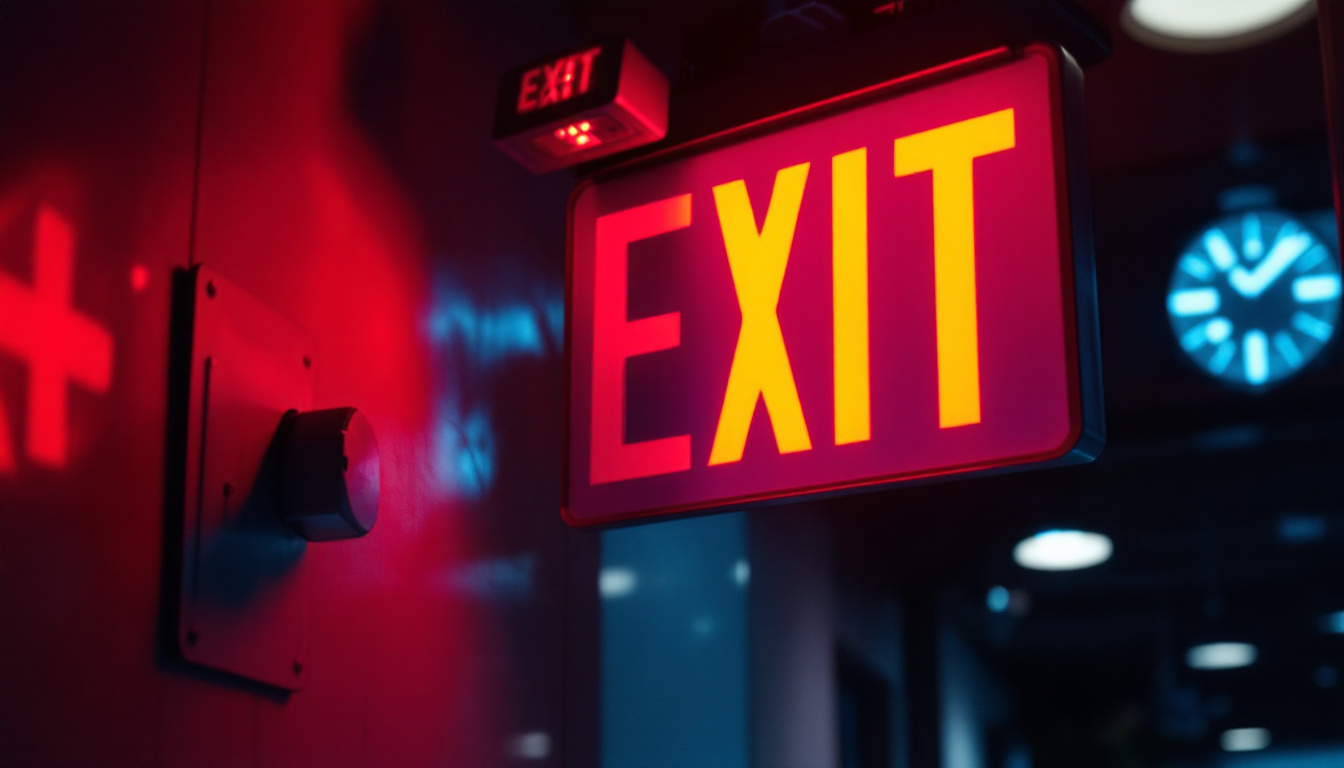 A photograph of a well-lit exit sign equipped with emergency lights in a commercial or public building setting