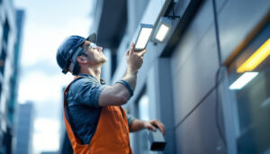 A photograph of a lighting contractor installing or inspecting a modern led wall pack light in an outdoor commercial setting