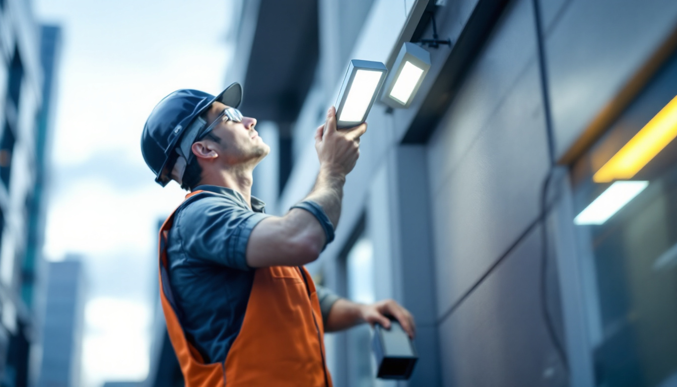 A photograph of a lighting contractor installing or inspecting a modern led wall pack light in an outdoor commercial setting