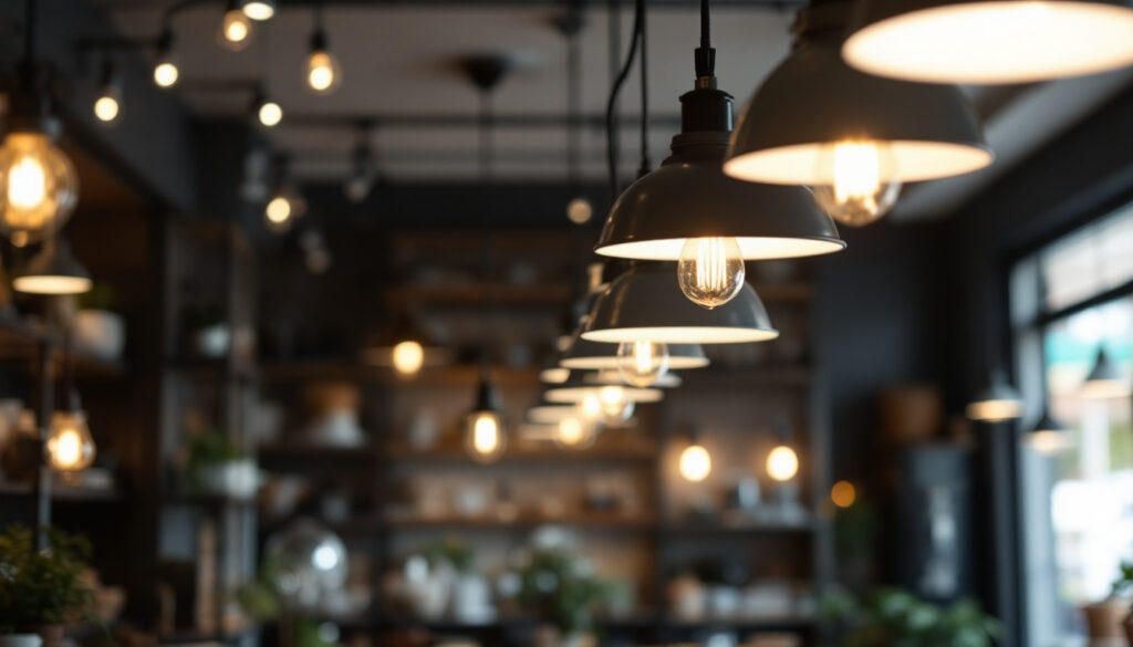 A photograph of a well-lit retail space showcasing various lighting fixtures in use