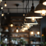 A photograph of a well-lit retail space showcasing various lighting fixtures in use