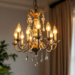 A photograph of a beautifully designed chandelier in a stylishly lit interior setting