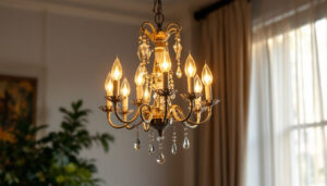 A photograph of a beautifully designed chandelier in a stylishly lit interior setting