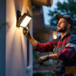 A photograph of a skilled lighting contractor installing a motion sensor flood light in a residential outdoor setting