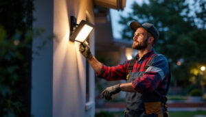 A photograph of a skilled lighting contractor installing a motion sensor flood light in a residential outdoor setting