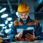 A photograph of a busy lighting contractor efficiently using a digital tool or app on a tablet or smartphone in a well-lit workspace