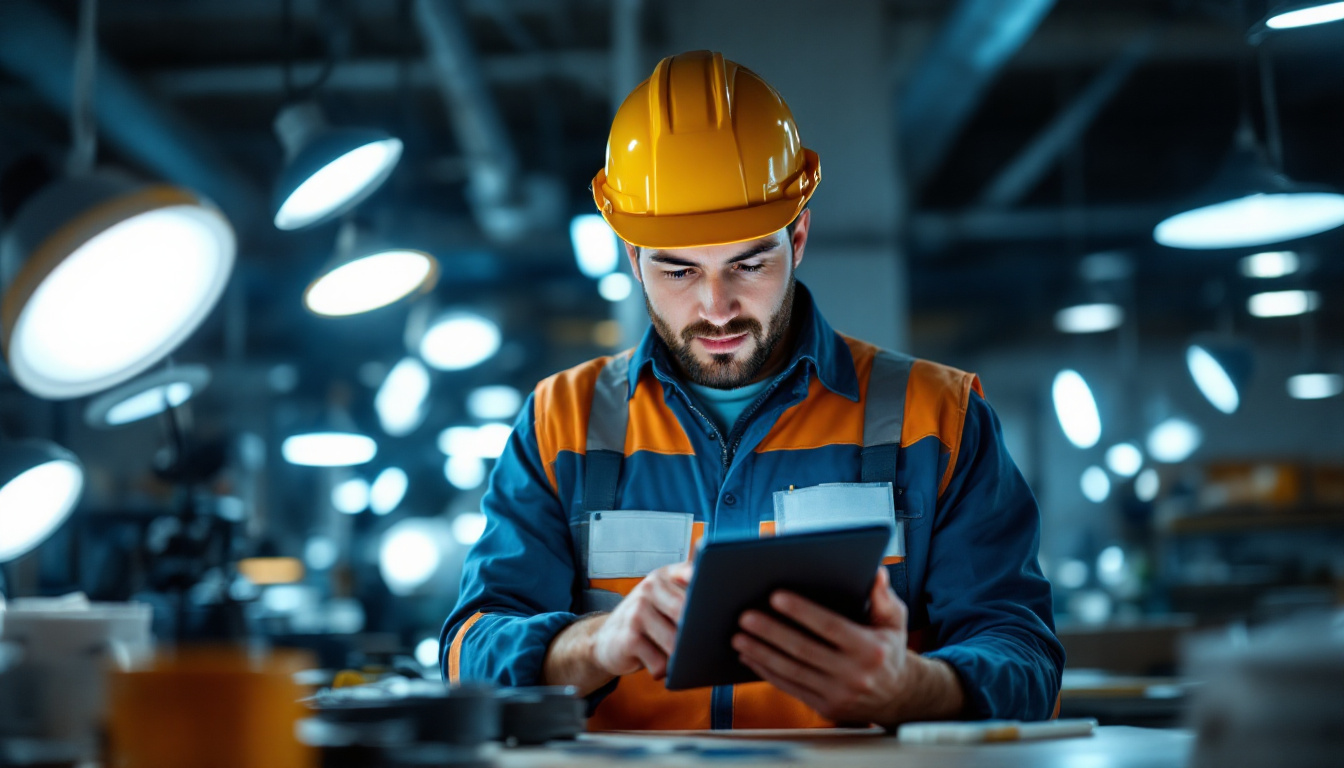 A photograph of a busy lighting contractor efficiently using a digital tool or app on a tablet or smartphone in a well-lit workspace