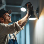 A photograph of a lighting contractor expertly installing or adjusting a rab led lighting fixture in a commercial or residential setting