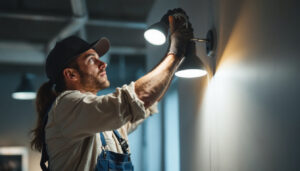 A photograph of a lighting contractor expertly installing or adjusting a rab led lighting fixture in a commercial or residential setting