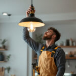 A photograph of a skilled lighting contractor expertly installing a stylish pendant light in a modern setting