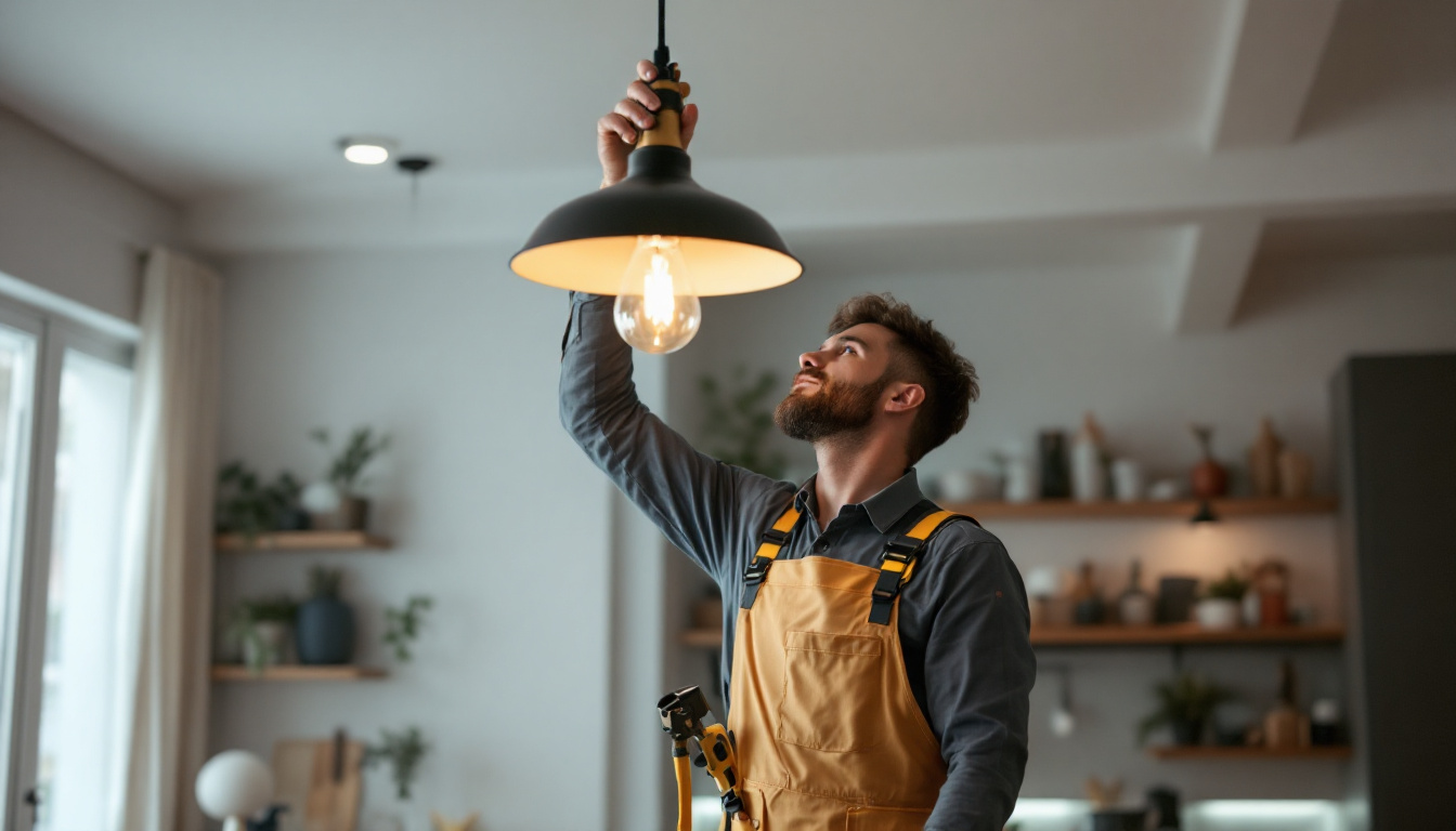 A photograph of a skilled lighting contractor expertly installing a stylish pendant light in a modern setting