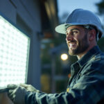 A photograph of a lighting contractor installing led flood lights in an outdoor setting