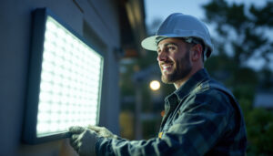 A photograph of a lighting contractor installing led flood lights in an outdoor setting