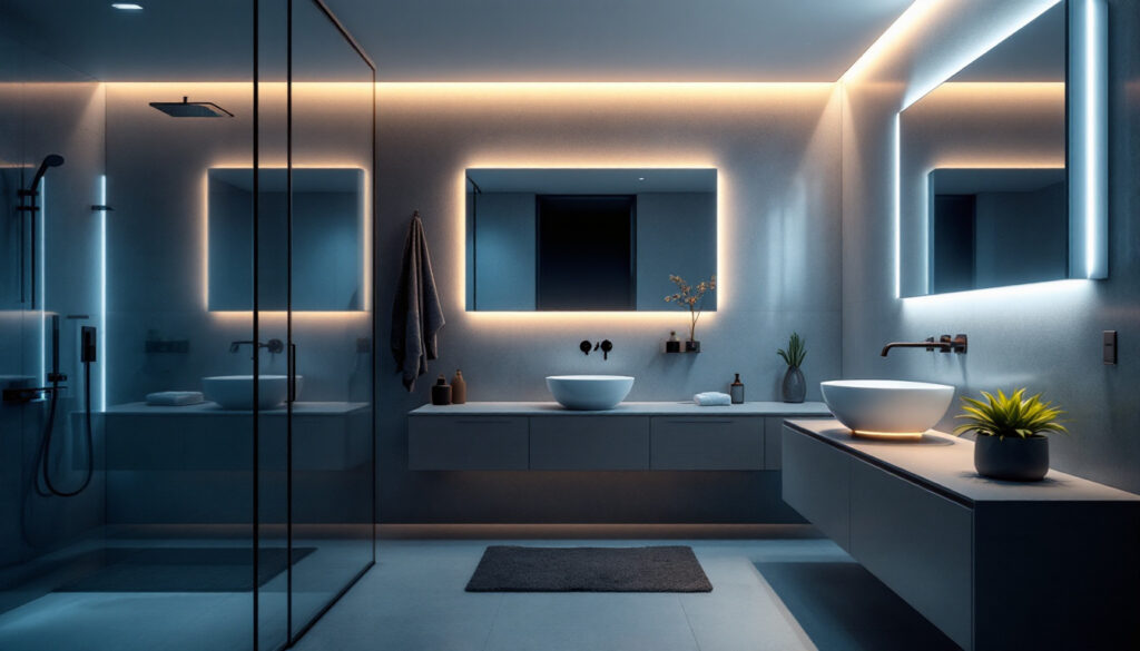 A photograph of a beautifully lit modern bathroom showcasing innovative led lighting features