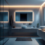 A photograph of a beautifully lit modern bathroom showcasing innovative led lighting features