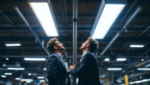 A photograph of a side-by-side comparison of led and fluorescent light fixtures in a well-lit setting