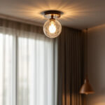 A photograph of a beautifully designed flushmount light fixture installed in a stylish interior setting