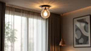 A photograph of a beautifully designed flushmount light fixture installed in a stylish interior setting
