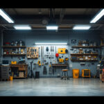 A photograph of a well-lit workshop or garage space featuring 8 ft led shop lights in action