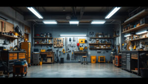 A photograph of a well-lit workshop or garage space featuring 8 ft led shop lights in action