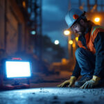 A photograph of a lighting contractor using a bright