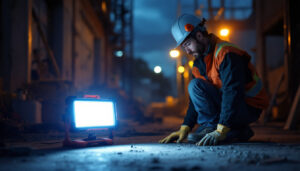 A photograph of a lighting contractor using a bright