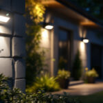 A photograph of a well-lit outdoor setting featuring flood lights with motion sensors in action