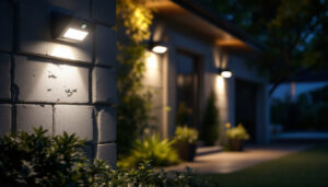 A photograph of a well-lit outdoor setting featuring flood lights with motion sensors in action