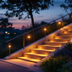 A photograph of a beautifully illuminated outdoor staircase at dusk