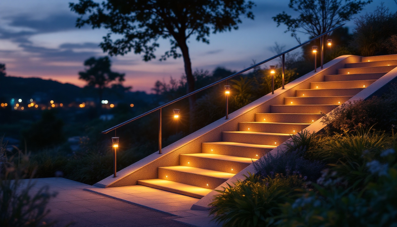 A photograph of a beautifully illuminated outdoor staircase at dusk